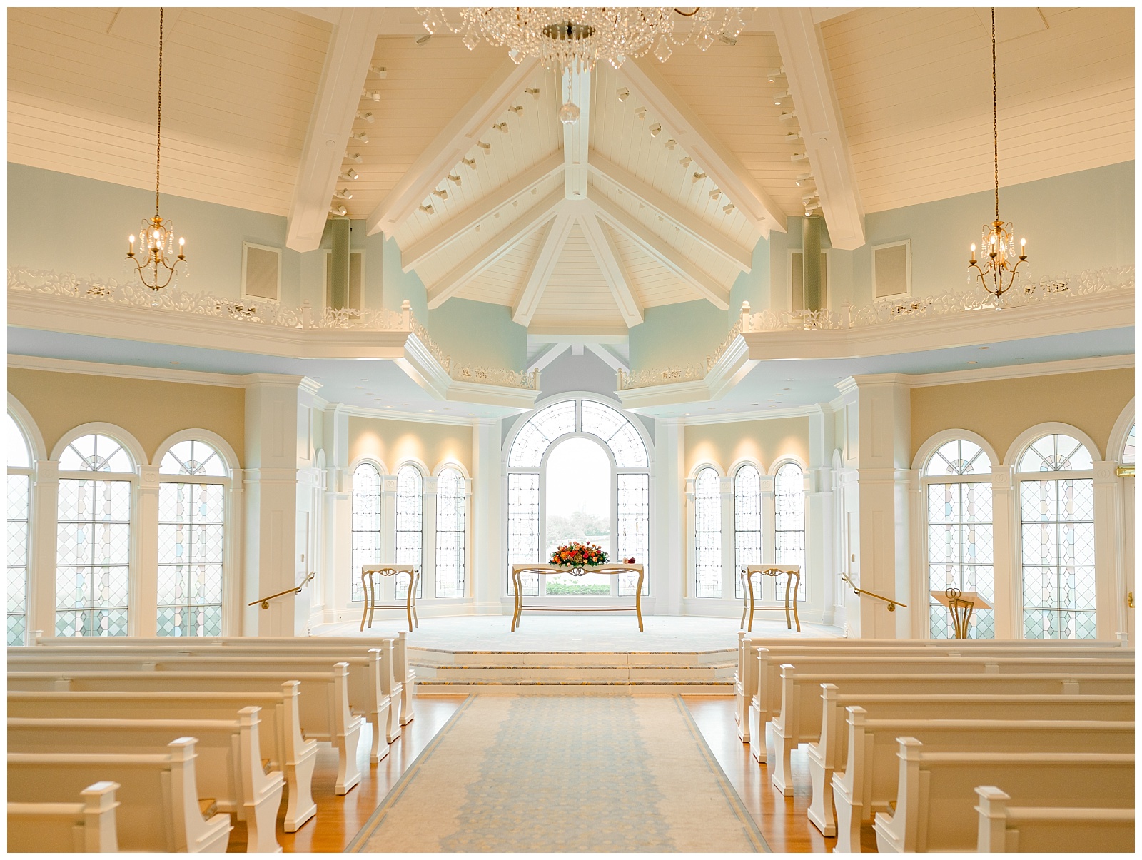 Interior of the Disney Wedding Pavilion prepared for a Grand Floridian wedding ceremony at Walt Disney World.
