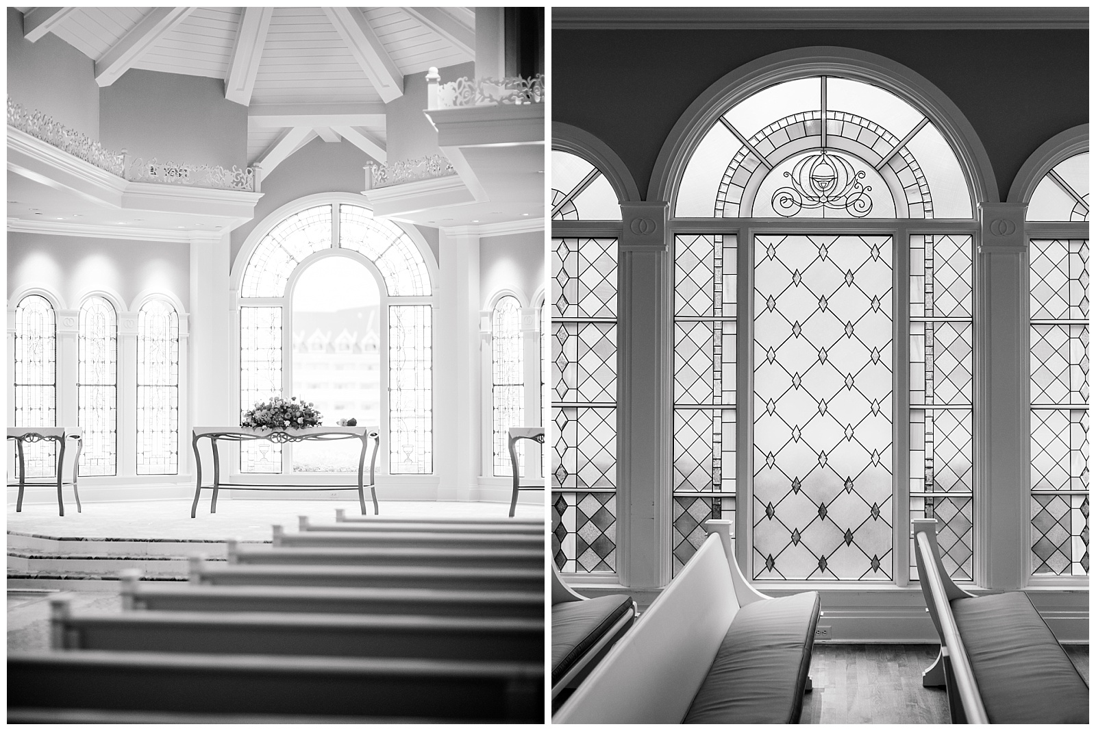 Stained glass windows inside the Disney Wedding Pavilion during Walt Disney World wedding photography coverage.