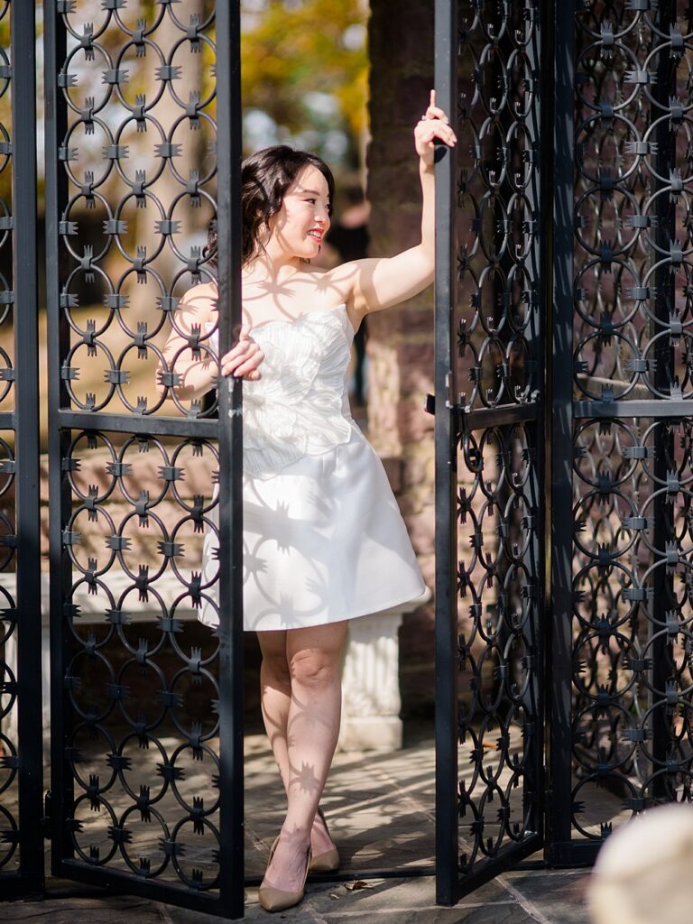 bride in a white dress highlighting what to wear for engagement photos